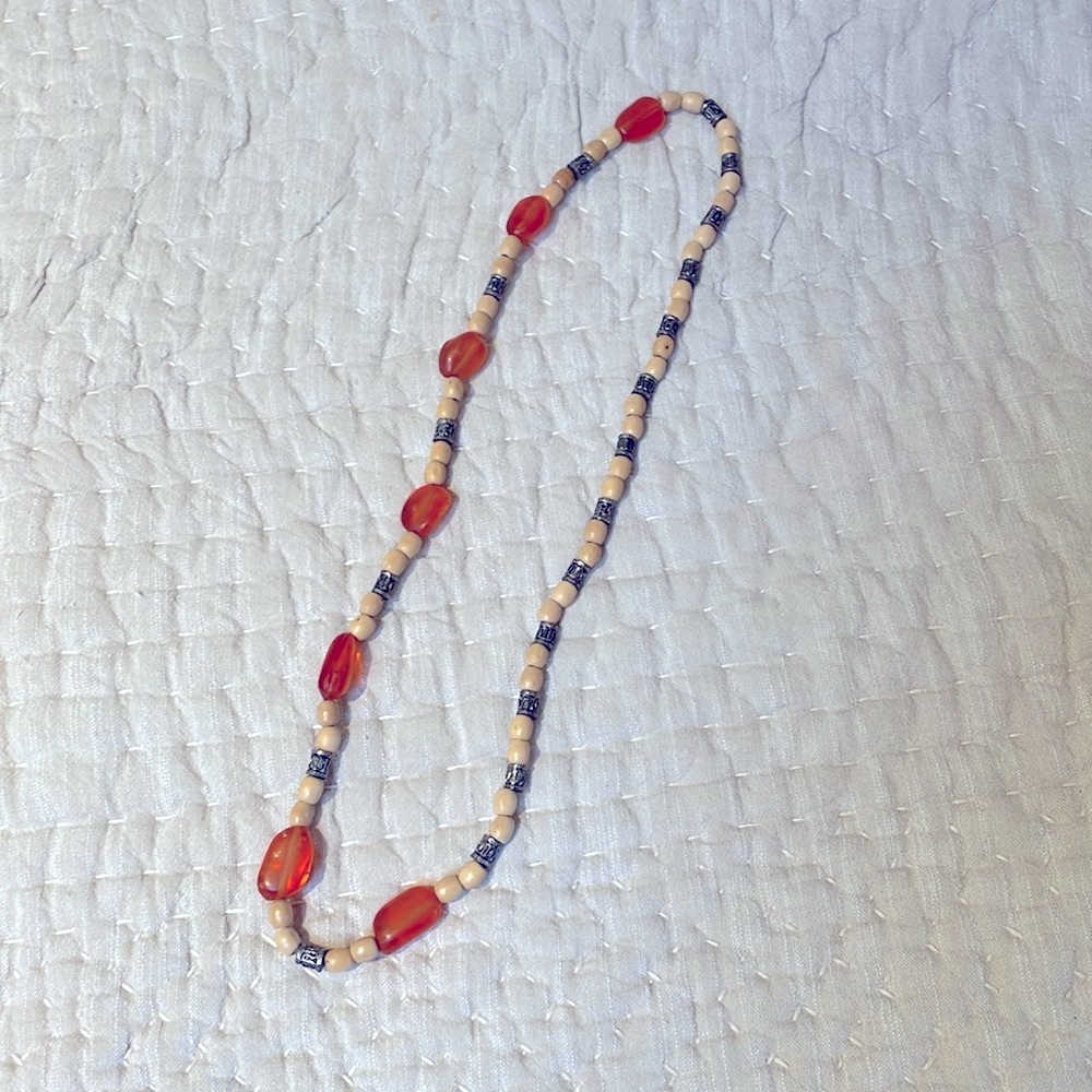 Wood, metal and glass 26” necklace